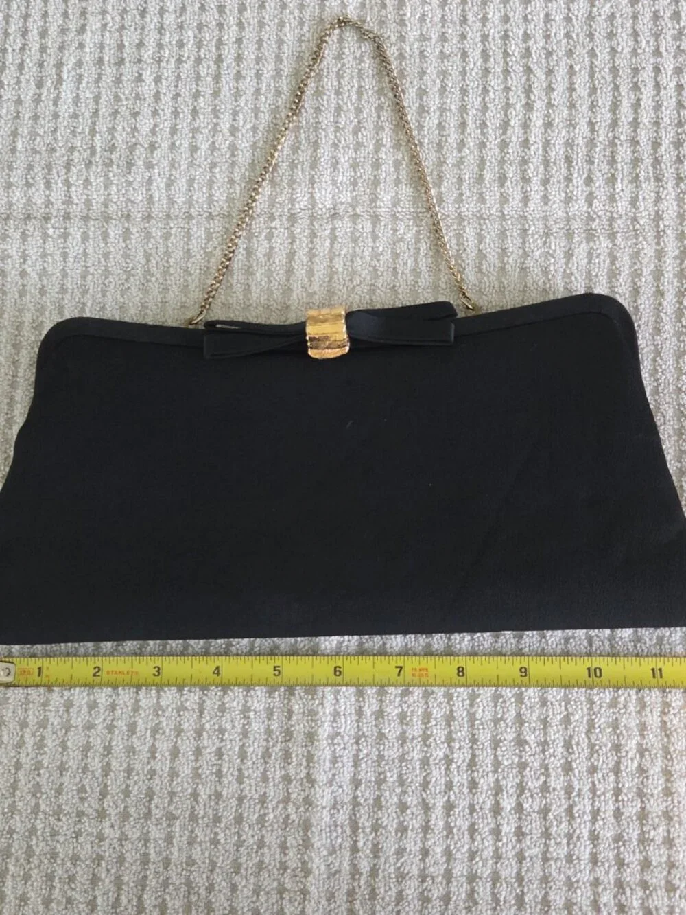 Vintage Black Satin Evening Bag Formal Gold Tone Clasp with Bow Hidden Chain